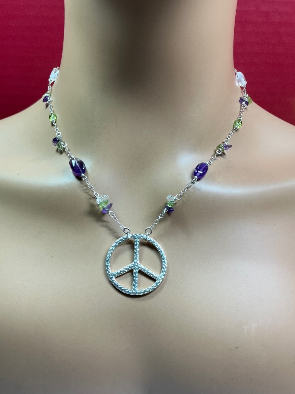 FAS Sterling Silver Peace sign ☮️ Pendant W/ stationed colorful beads. 18.5”